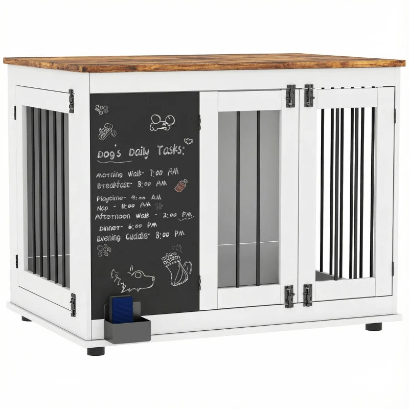 39" Dog Crate Furniture Side End Table for Large Dogs w/ Blackboard, Three Doors, White