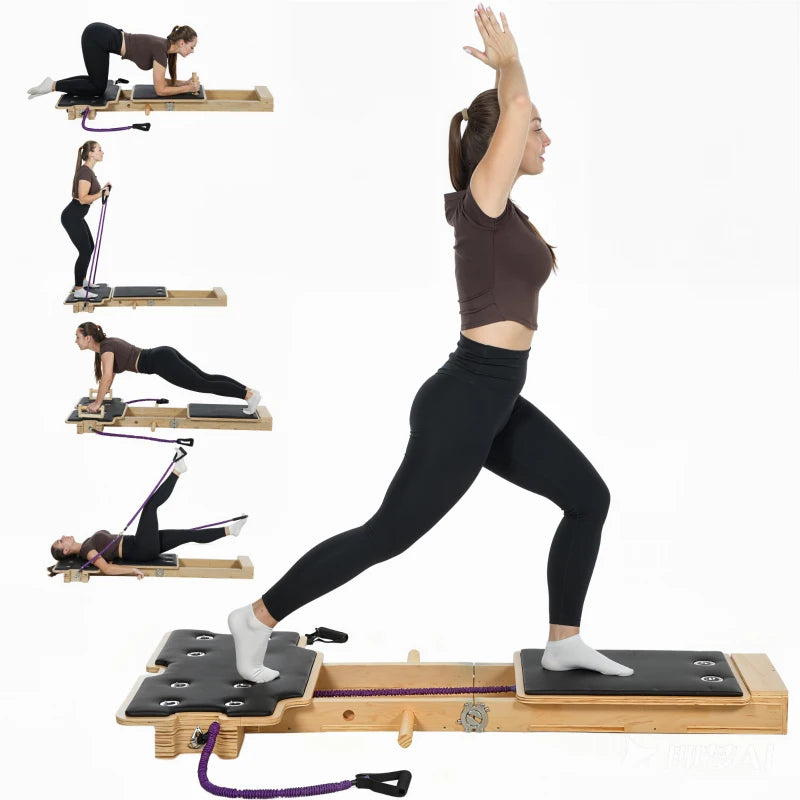 Soozier Foldable Pilates Reformer Machine, Multifunctional Pilates Board with Resistance Bands and Multi-Grips for Home Gym