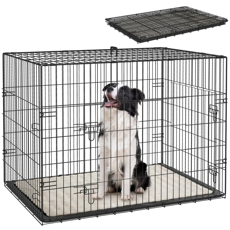 35" Dog Crate with 2 Doors, Folding Metal Dog Cage with Soft Cushion, Removable Tray, Handle, Black