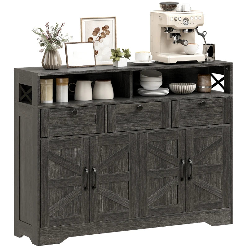 Sideboard, Buffet Cabinet with 4 Barn Doors and 3 Drawers, Coffee Bar Cabinet with Adjustable Shelves, Dark Brown