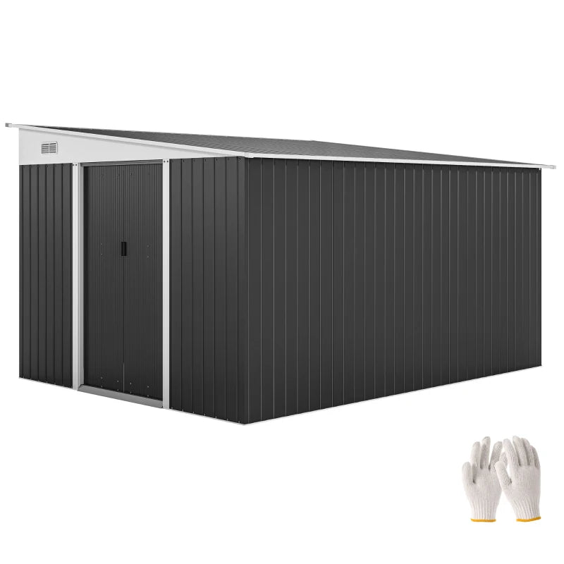 11' x 9' Steel Garden Storage Shed, Outdoor Metal Tool House with Double Sliding Doors, Dark Grey