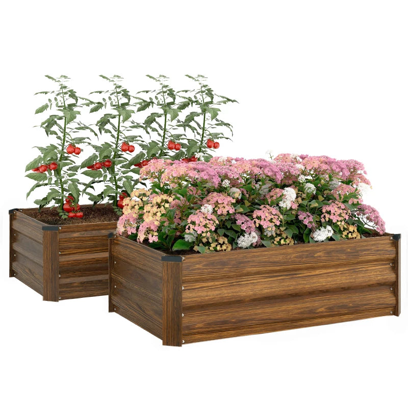 Set of 2 Galvanized Raised Beds for Garden, Outdoor Planter Box for Flowers, Herbs and Vegetables, Dark Brown