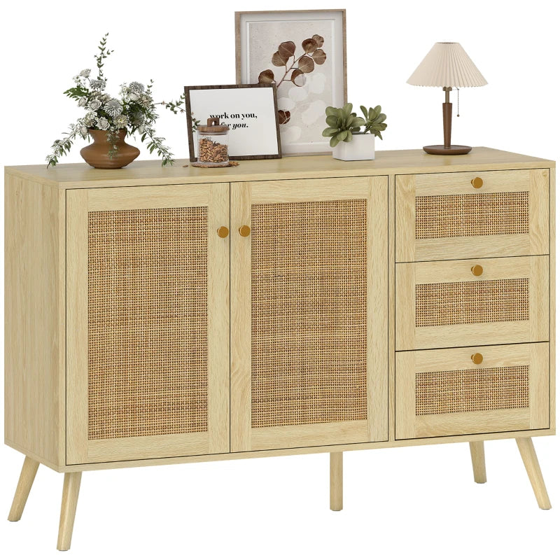 47" Buffet Cabinet with Soft-Close Doors, Rattan Sideboard with Drawers, Adjustable Shelf and Wooden Legs, Natural
