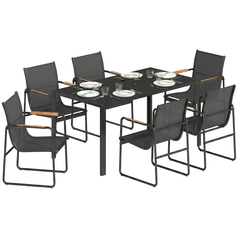 7 Pieces Outdoor Dining Set for 6, Glass Patio Table and Chairs with Decorative Armrests, All Weather Mesh, Black