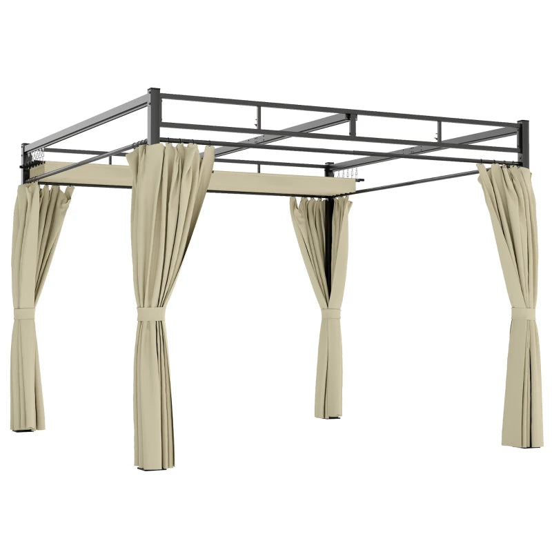 10' x 10' Outdoor Gazebo, Retractable Pergola Canopy with Curtains, UPF30+ Free Standing Metal Pergola Kit, Beige