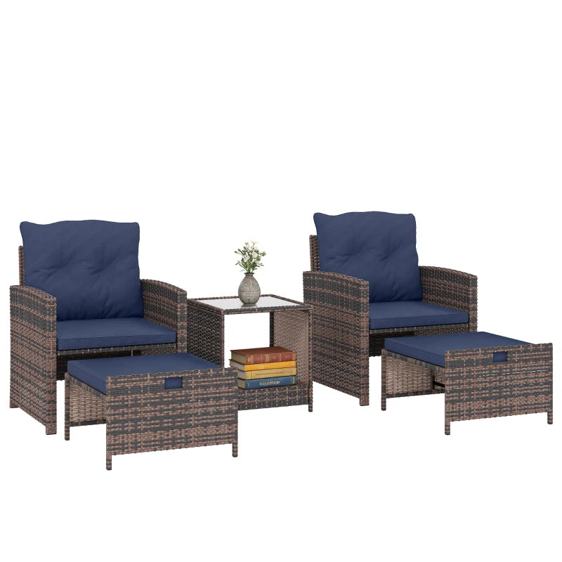 5 Piece Patio Furniture Set, Wicker Patio Chairs with Ottomans, 2-Tier Glass Coffee Table and Cushions, Brown/Dark Blue
