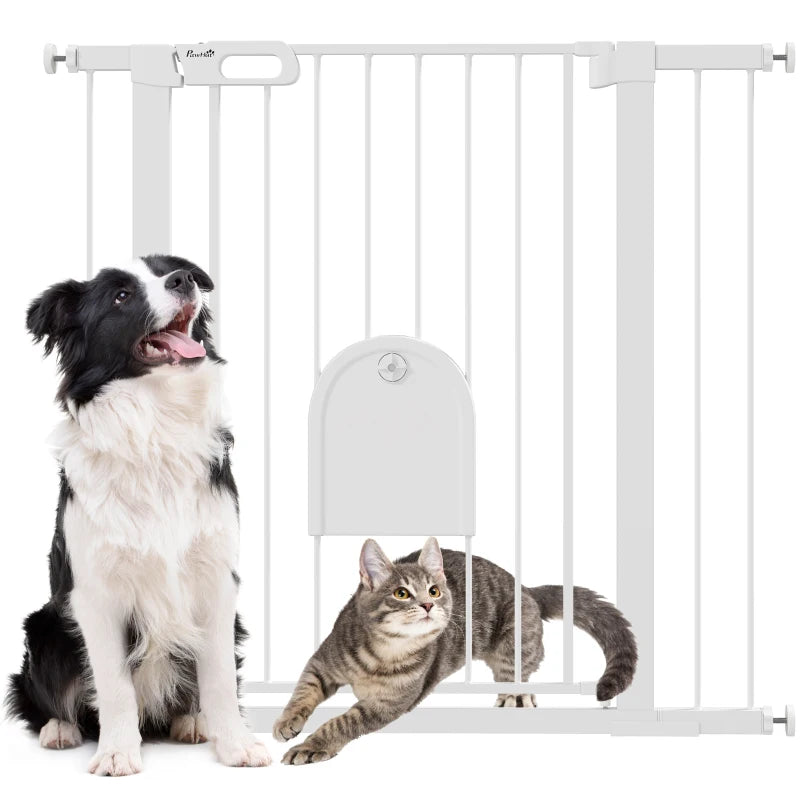 30"-41" Extra Wide Pet Gate Barrier with Small Door, 35"H Dog Gate with Safety Gate Barrier, Stair Pressure Fit, White