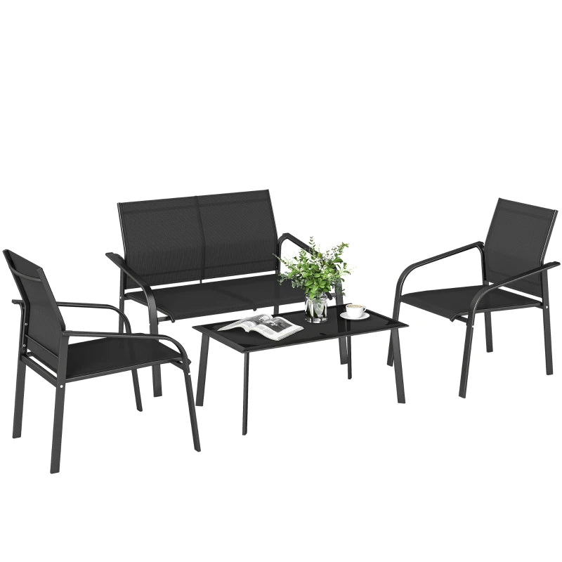 4 Piece Patio Furniture Set, Outdoor Conversation Set with Deep Seat, Loveseats, Armchairs, Glass-Top Table, Black