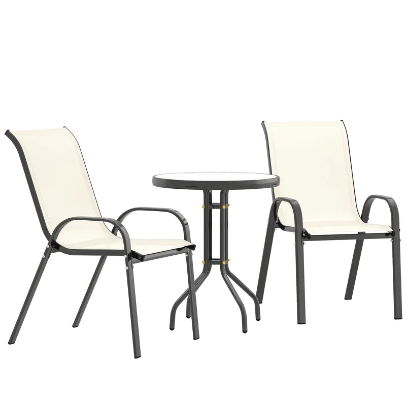 3 Pieces Bistro Set, Small Patio Furniture Set with Stackable Mesh Chairs, Glass Table for Garden, Balcony, Beige