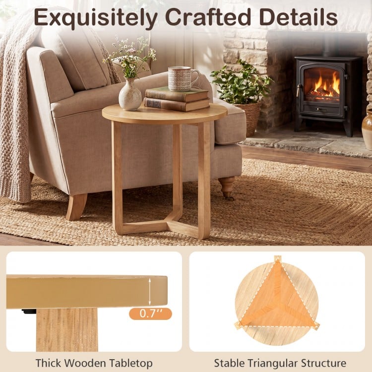 22.5 inch Round Side Table Farmhouse End Table with Sturdy Rubber Wood Legs and Triangular Structure-Natural