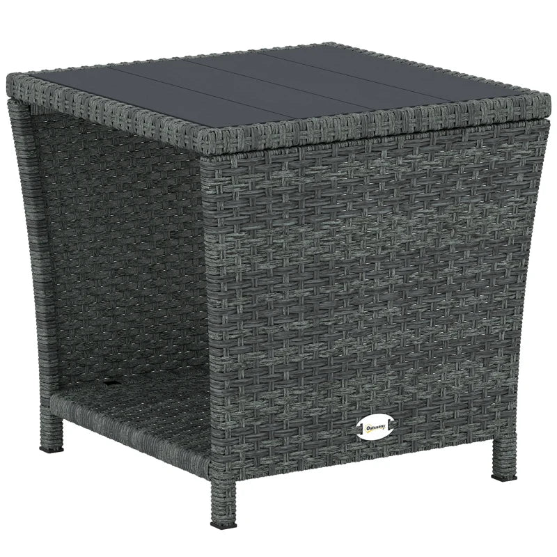 17.7" Wicker Side Table with Storage Shelf, Square PE Rattan Outdoor End Table with PS Wood Slat Top, Grey