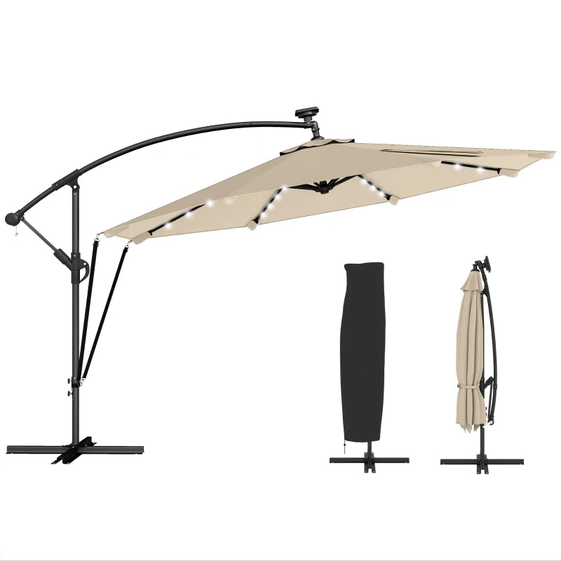 11.3 ft Cantilever Patio Umbrella with Light, Cover, Aluminium UPF50+ Offset Outdoor Umbrella Parasol, Khaki