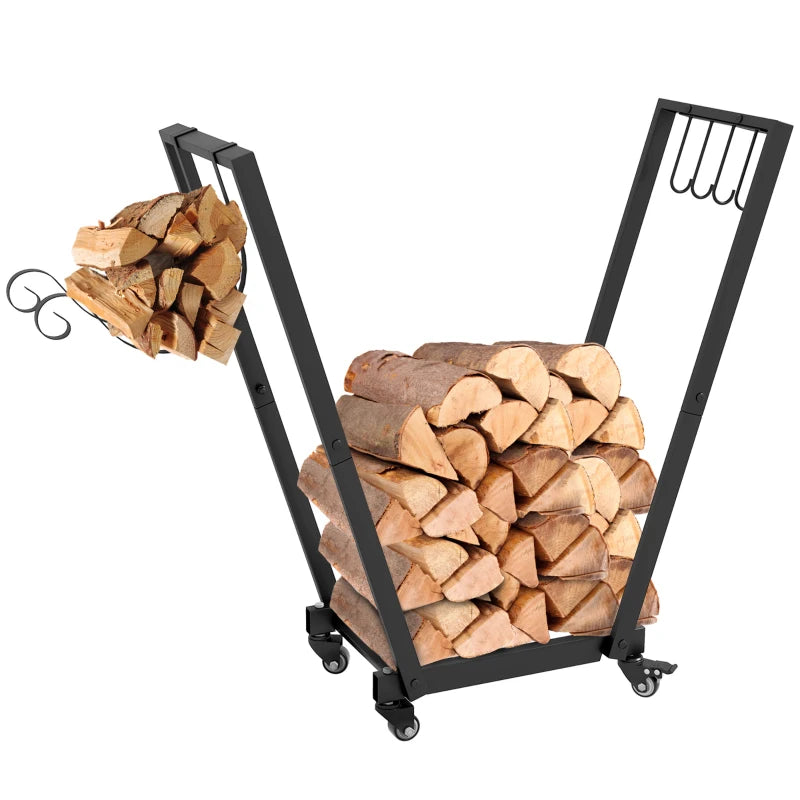 31 Inch Firewood Rack Outdoor, Heavy Duty Log Rack with Swivel Casters, Indoor Fire Wood Holders for Fireplace, Black