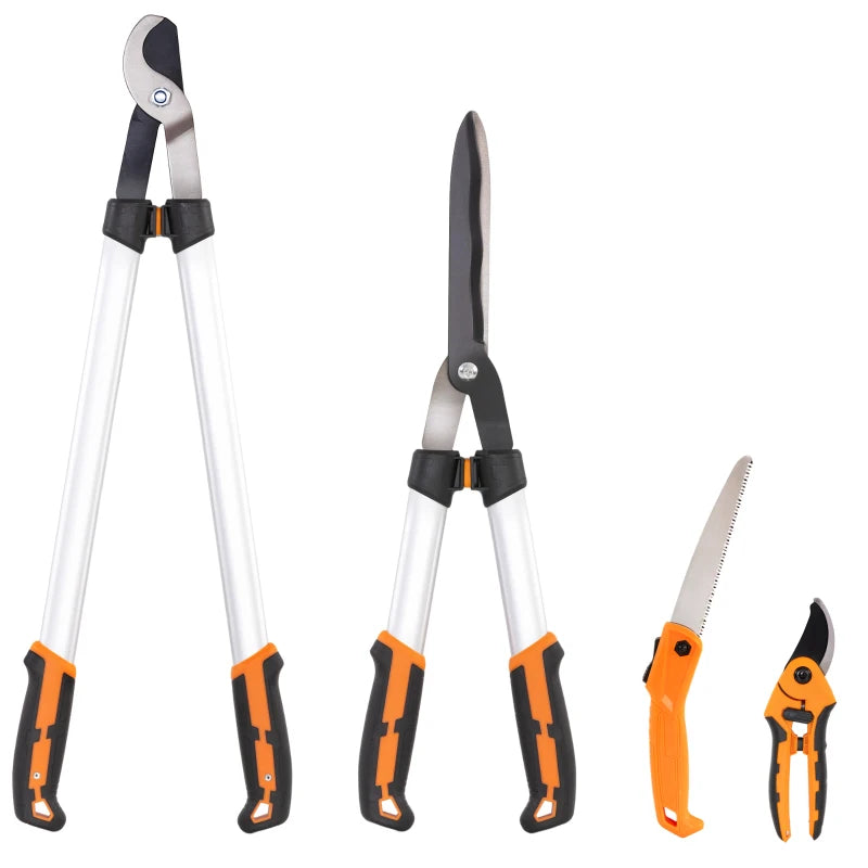 4 Pcs Pruning Shears Set with Hedge Shears, Loppers, Garden Secateurs and Folding Hand Saw with Aluminum Handle
