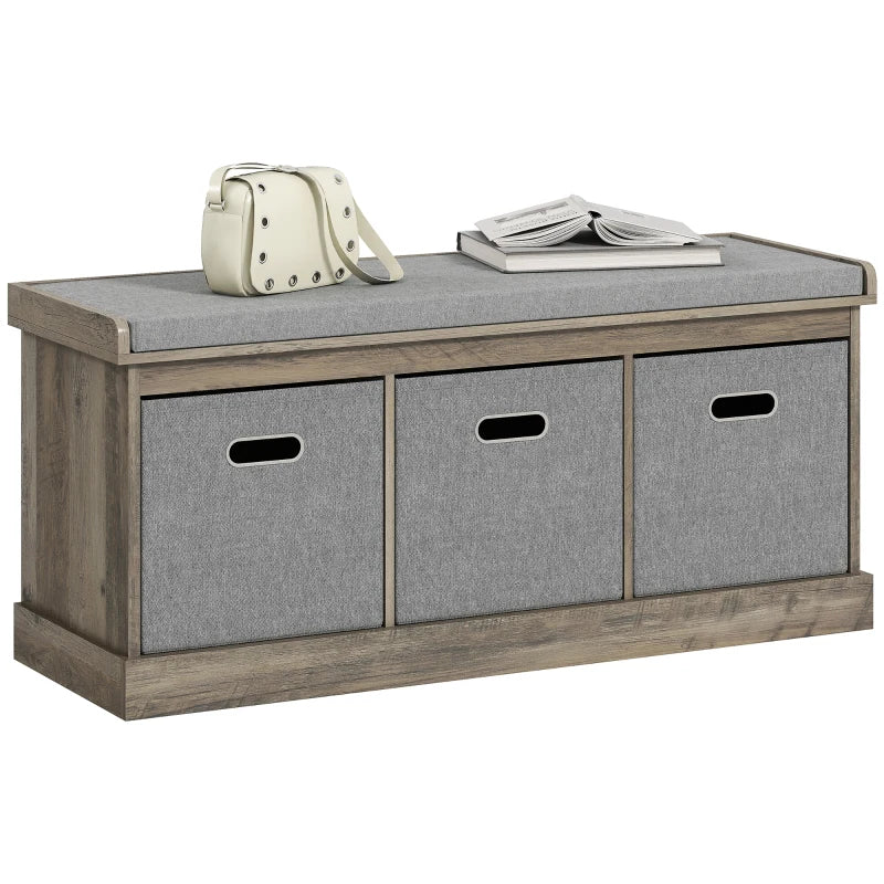Shoe Storage Bench with Seat, Entryway Bench Seat with Cushion, 3 Fabric Drawers for Hallway, Washed Grey