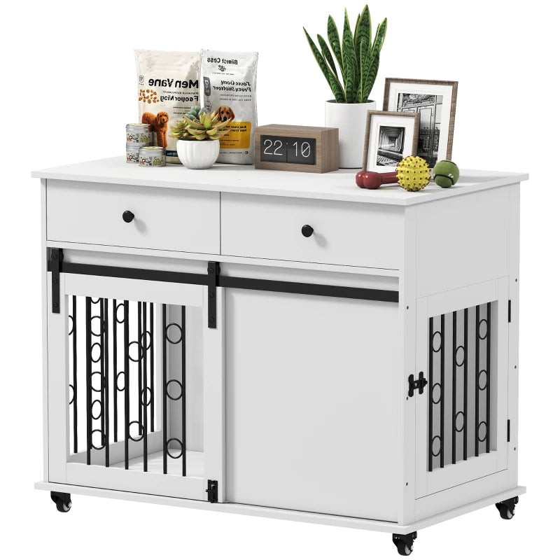 39" Dog Crate Furniture, Dog Kennel Indoor with 2 Drawers, Wheels, Sliding Door, Dog Cage for Medium Large Dogs, Oak
