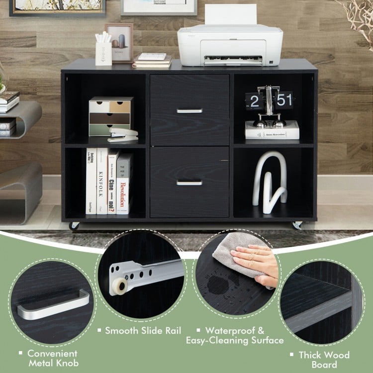 2 Drawer Wood Mobile File Cabinet with 4 Open Compartments-Black