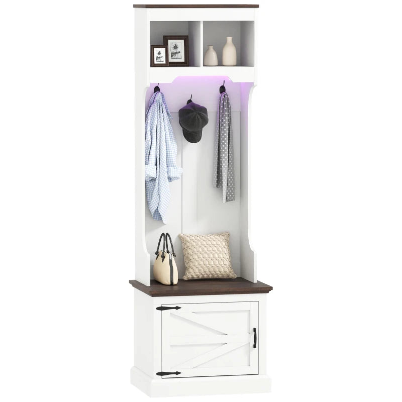 3-in-1 Hall Tree with LED Lights and Bench, Coat Rack with Shoe Storage, White Wood Grain with Light