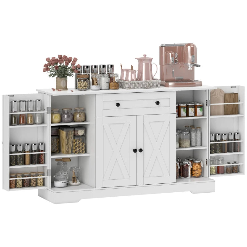 Sideboard Buffet Cabinet, Farmhouse Coffee Bar Cabinet with Door Shelves, Adjustable Shelves, Drawer, Barn Doors, White
