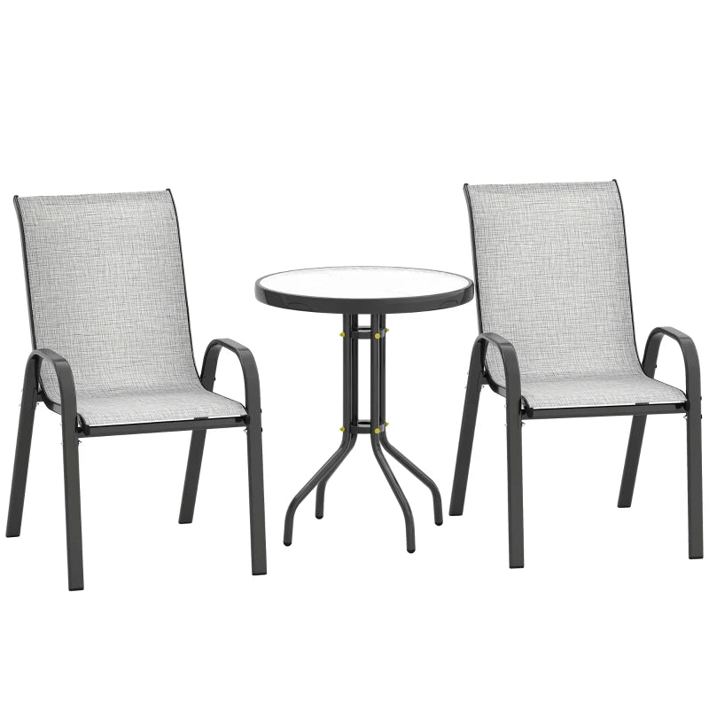 3 Pieces Bistro Set, Small Patio Furniture Set with Stackable Mesh Chairs, Glass Table for Garden, Balcony, Grey