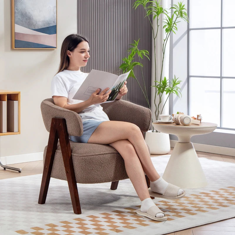 Sherpa Fleece Accent Chair, Upholstered Armchair with Solid Wood Legs and Steel Frame for Living Room, Light Brown