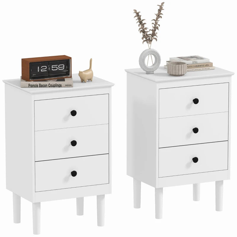 Set of Two Three-Drawer Modern Bedside Tables for Bedroom, White
