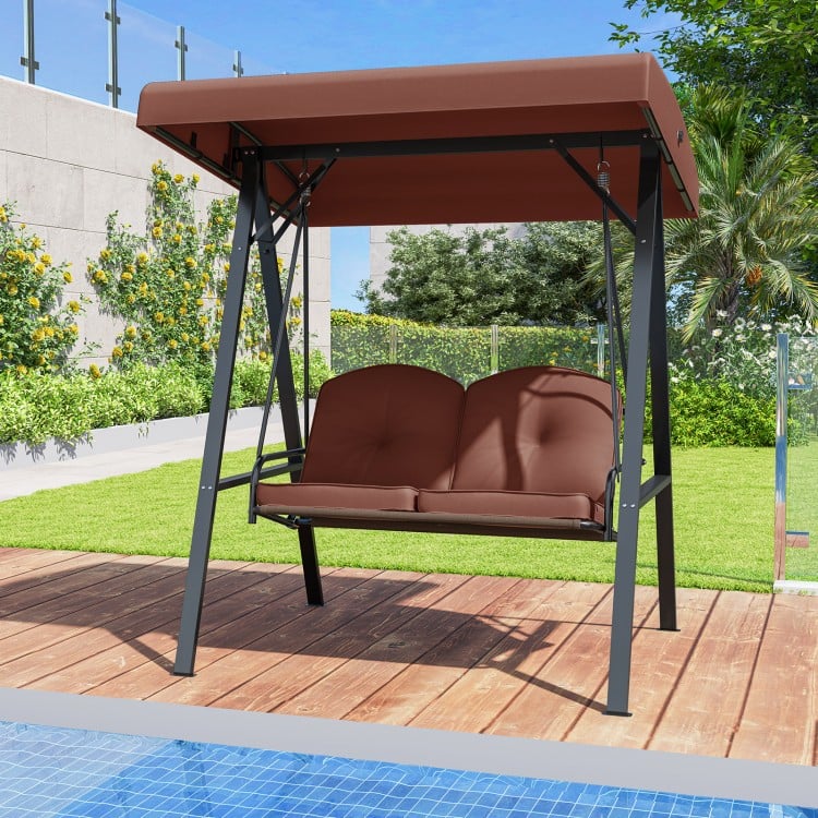 2-Person Outdoor Porch Swing with A-Shaped Metal Stand and Adjustable Canopy-Brown