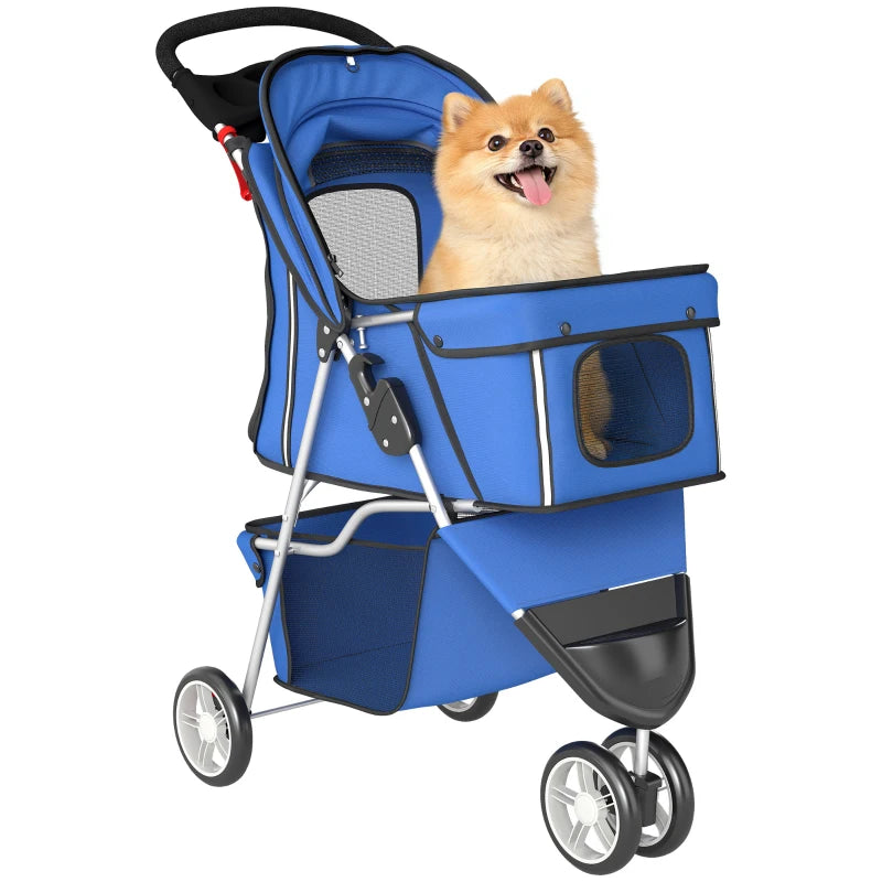 3 Wheels Foldable Dog Stroller with Storage Basket, Adjustable Canopy, Cupholder for Miniature and Small Dogs, Blue