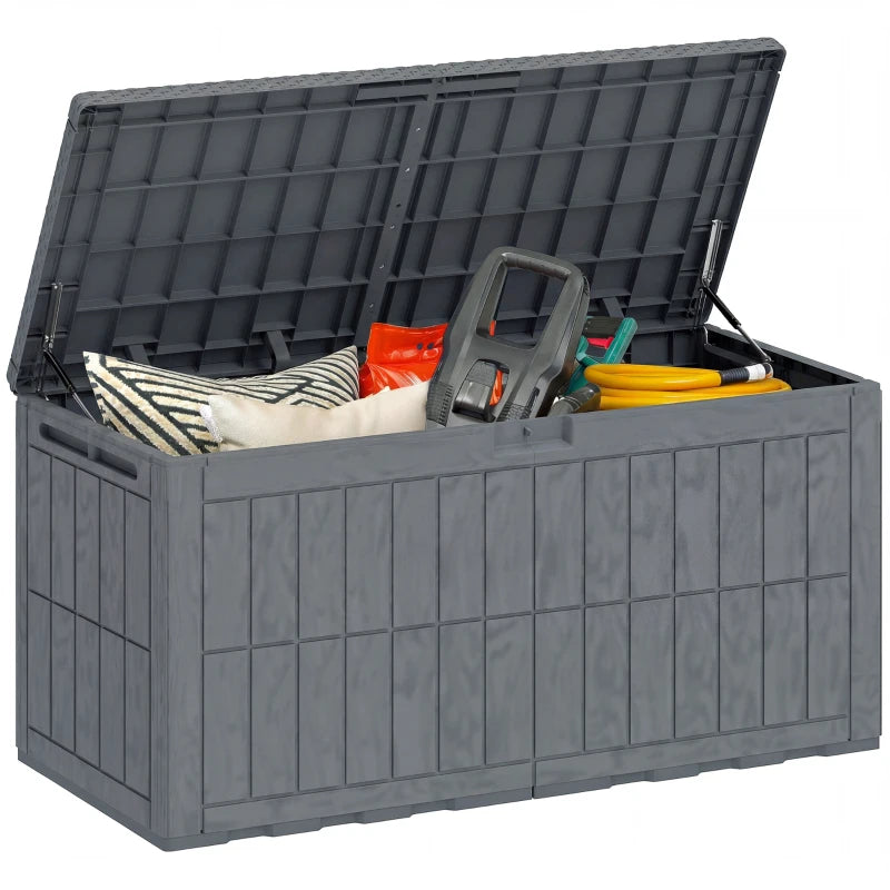 100 Gallon Resin Deck Box, Waterproof Lockable Outdoor Storage Box with Pneumatic Gas Rods, Side Handles