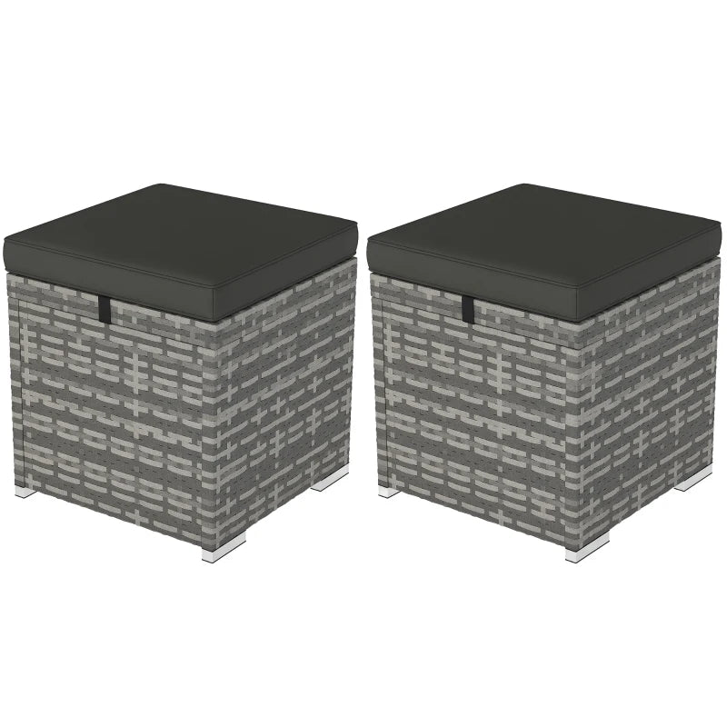 2 Pieces Wicker Outdoor Ottoman with Storage, Cushion, Square Outdoor Footstool, Seating, Side Table, Dark Grey