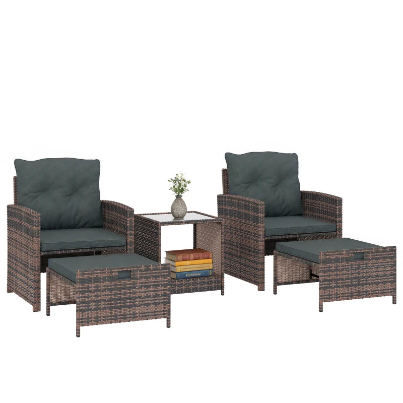 5 Piece Patio Furniture Set, Wicker Patio Chairs with Ottomans, 2-Tier Glass Coffee Table and Cushions, Brown/Dark Grey