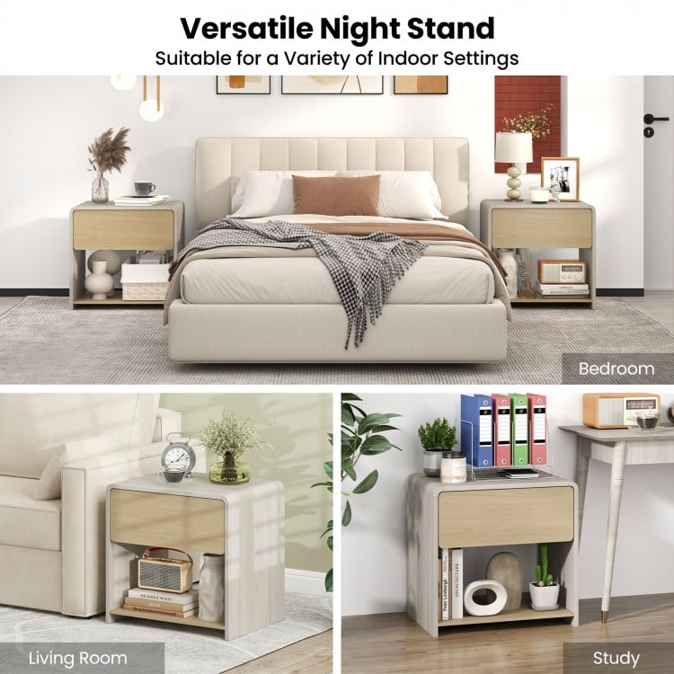 2-Tier Modern Style Nightstand with Drawer and Open Shelf-Oak
