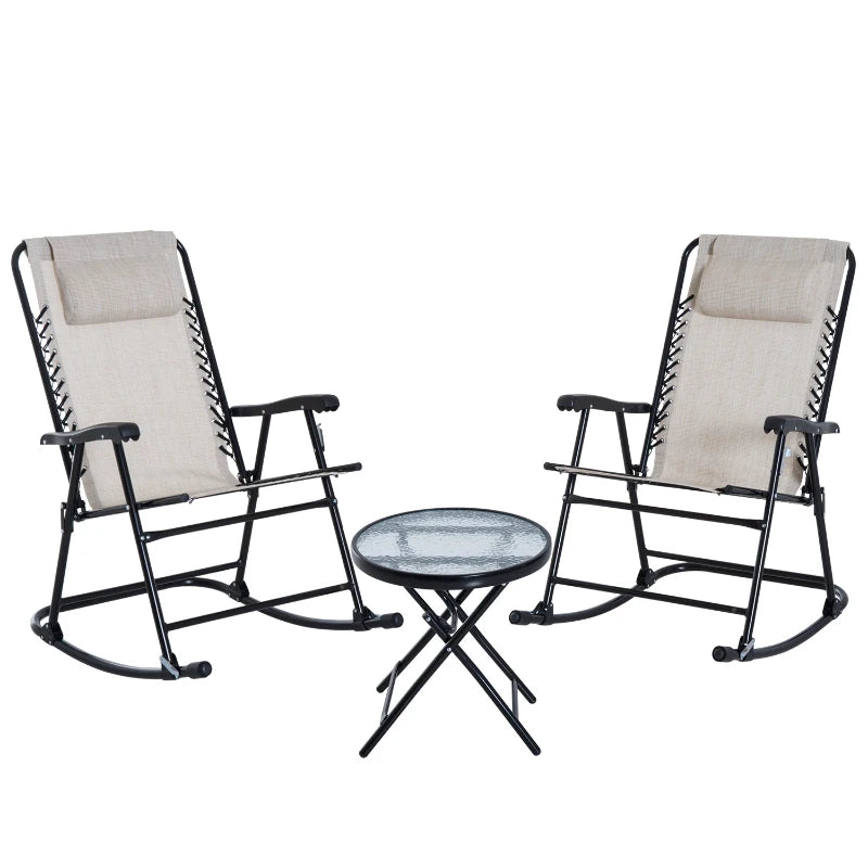 3pc Patio Rocking Chair Set, Folding Outdoor Rocking Chairs and Table Bistro Set w/ Breathable Mesh Seat & Backrest, Headrest for Park, Backyard, Garden, Cream White