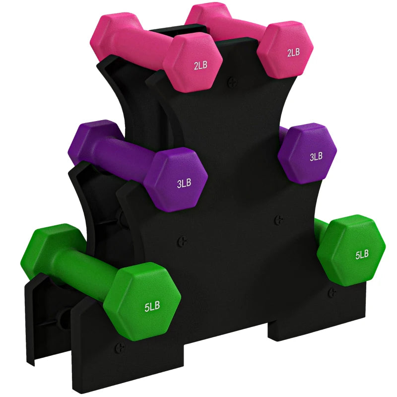 Soozier 2 x 2 lbs., 2 x 3 lbs., 2 x 5 lbs. Dumbbells Set with Dumbbell Rack, Hand Weights for Home Gym Training