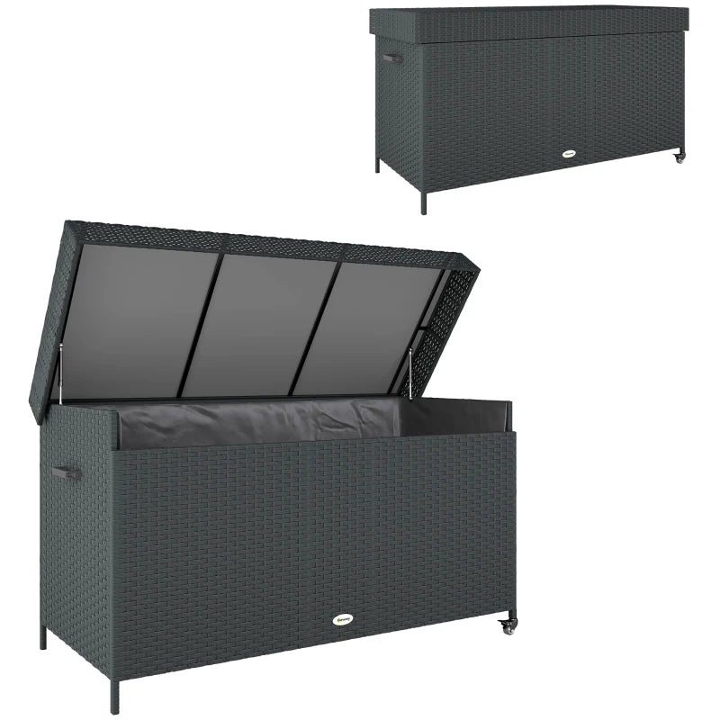 165 Gallon Deck Box, Wicker Outdoor Patio Storage Box with Waterproof Liner, Gas Strut and Universal Wheels, Black