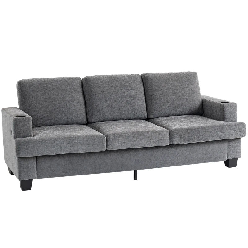 3 Seater Sofa with USB Ports & Cup Holders, Chenille-Feel Upholstered Couch for Living Room, Grey