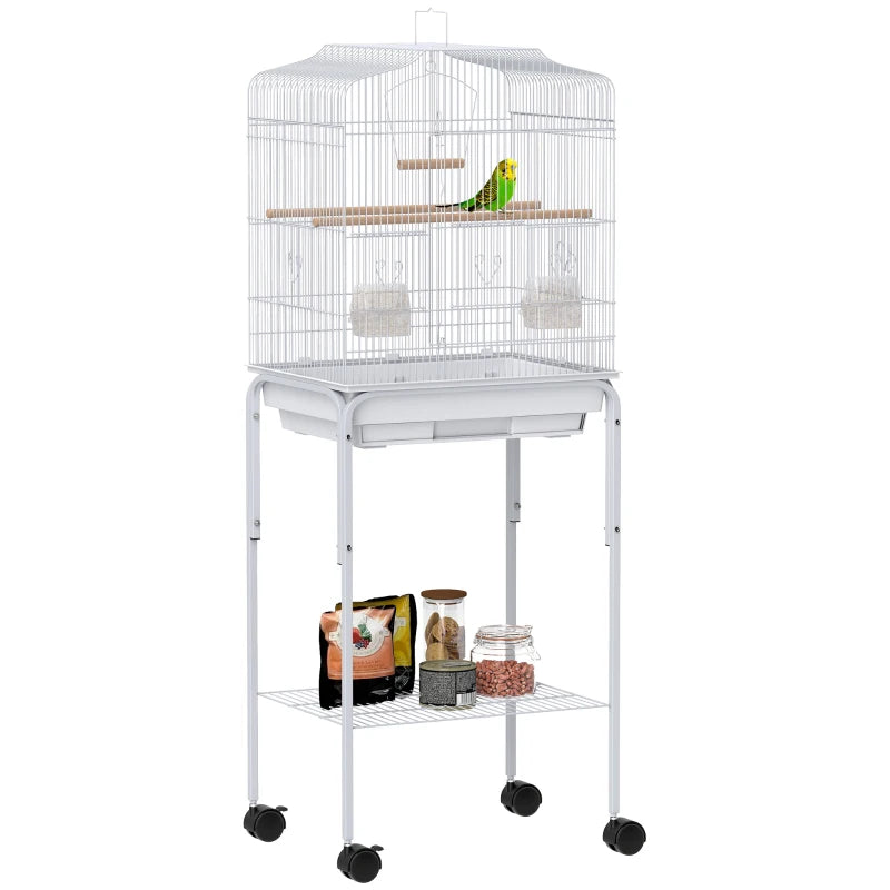 49" Rolling Bird Cage Cockatoo House Play Top Finch Pet Supply with Storage Shelf, Wheels - White