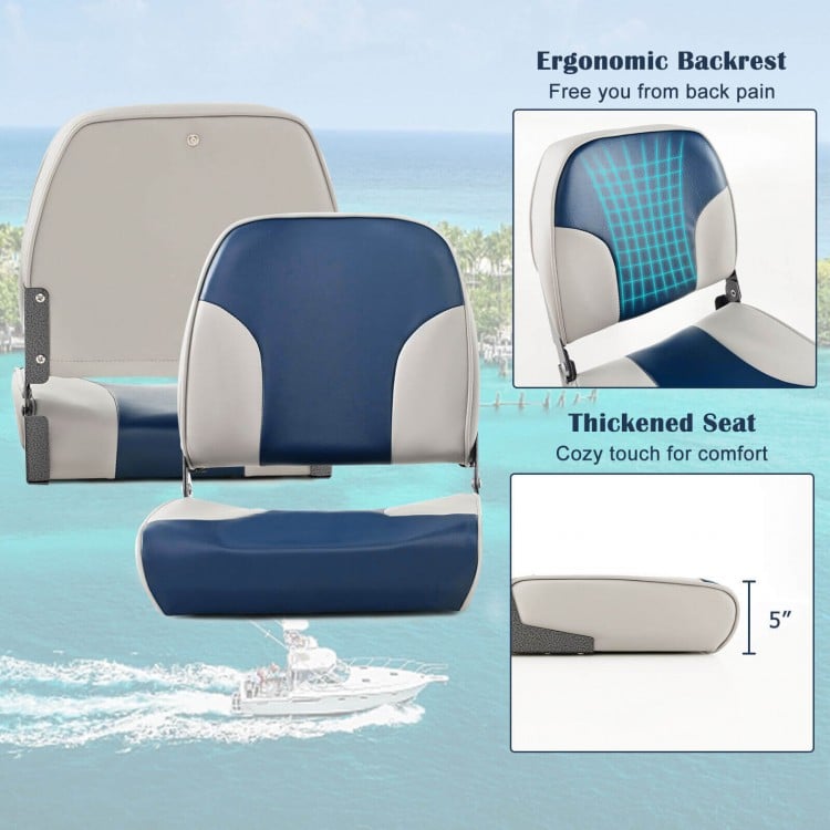2 Pieces Low Back Boat Seat Set with Sponge Padding and Aluminum Hinges-Blue