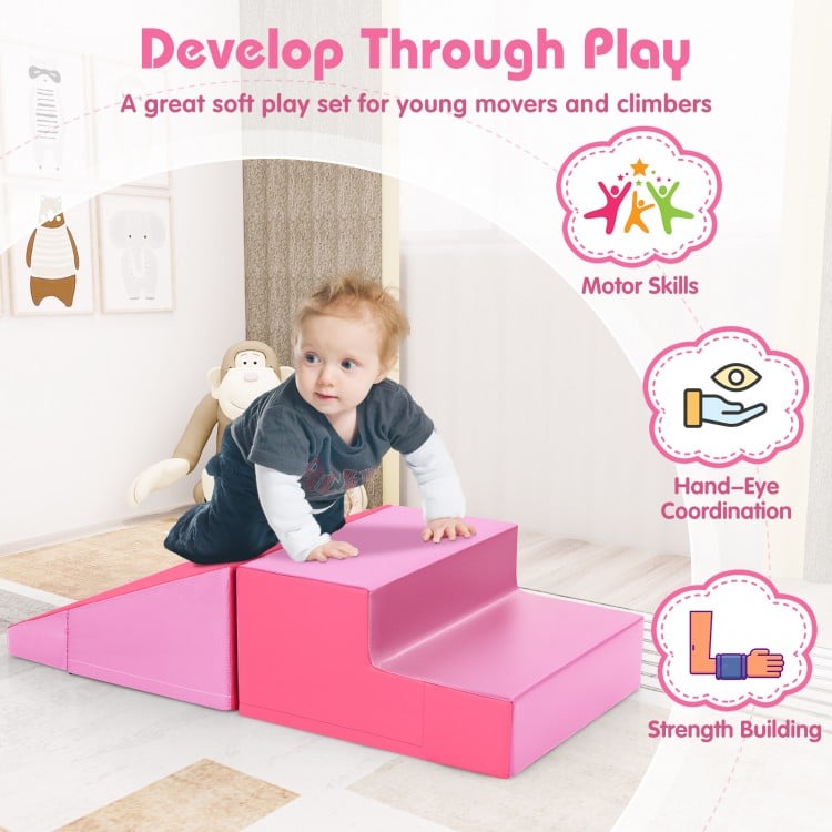 2-Piece Step and Slide Climber for Infants and Toddlers Baby Soft Play Set Foam Blocks-Pink