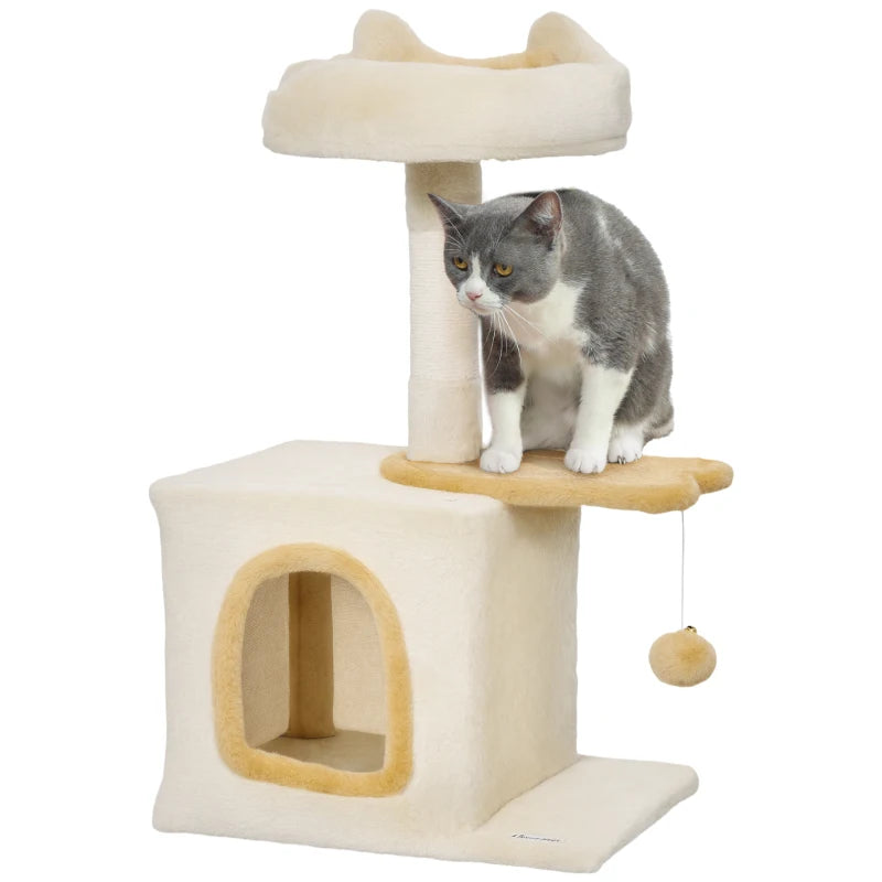 28" Cat Tree Tower with Plush Top Bed, Cozy Condo, Sisal Scratching Post, Perch, Dangling Ball, Beige and Yellow