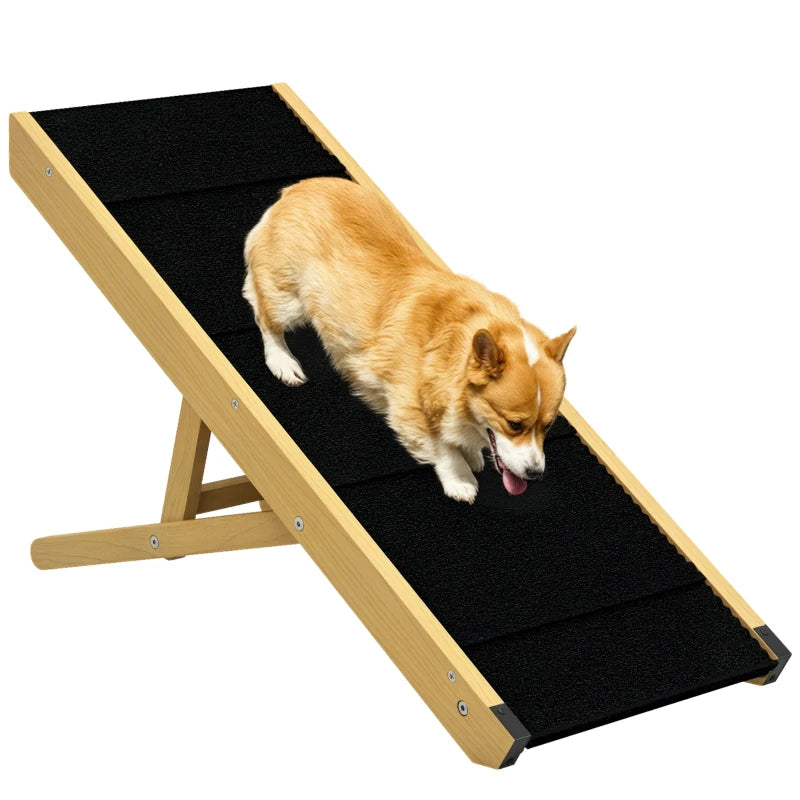 33" Foldable Dog Ramp with 4-Level Adjustable Height for Bed, Couch, for Small and Medium Dogs, Natural Wood