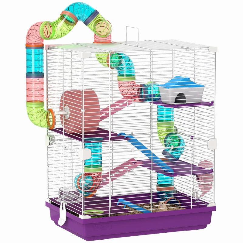 5 Tiers Hamster Cage Portable with Exercise Wheels Play Tube Water Bottle Dishes House Ladder for Gerbils, Purple