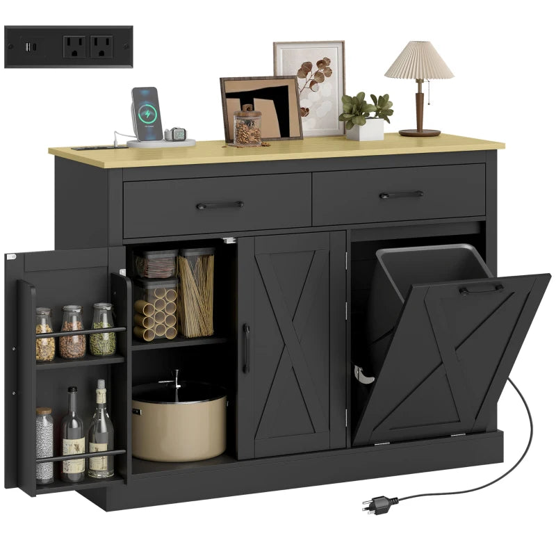 7 Gallon Tilt Out Garbage Cabinet, Kitchen Island with Charging Station, 2 Drawers, 4 Door Racks, Black