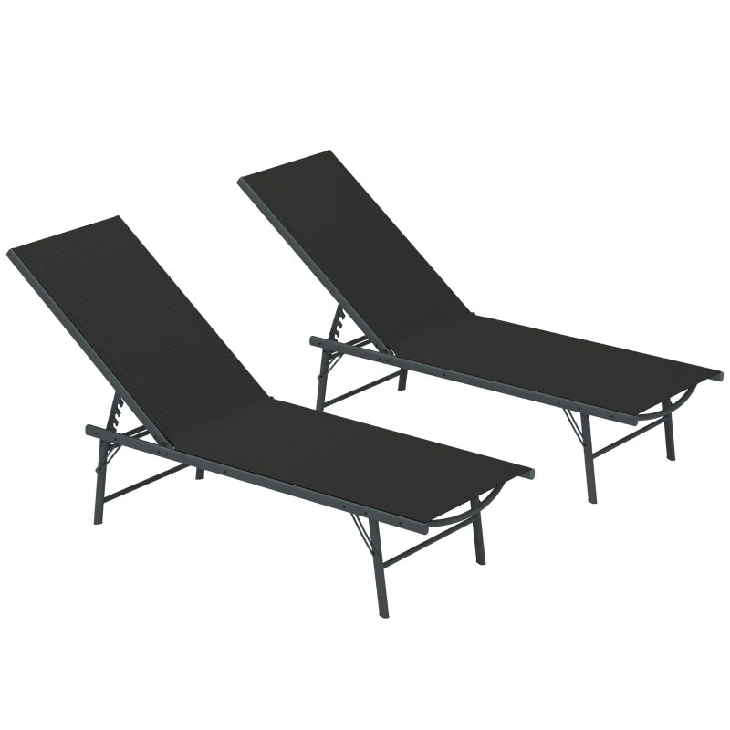 2 Pieces Folding Outdoor Lounge Chairs, Reclining Chaise Lounge Tanning Chair w/ Adjustable Back, Mesh Seat, Black