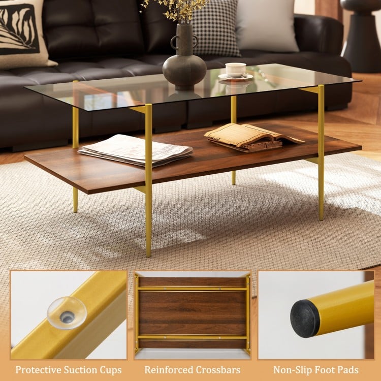 2-Tier Glass Coffee Table with Tampered Glass Tabletop and Open Storage Shelf-Brown
