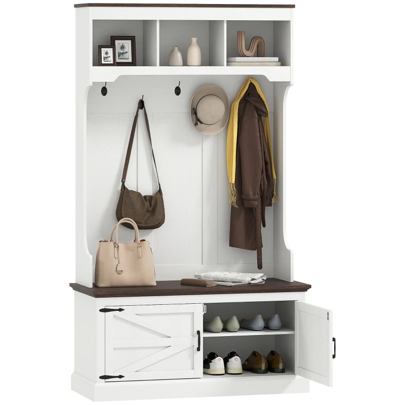 3-in-1 Hall Tree with Bench, Coat Rack with Shoe Storage, White Wood Grain