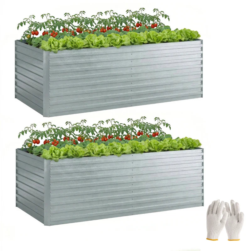 Set of 2 Galvanised Raised Garden Bed, 6 x 3 x 2 ft Metal Garden Bed with Safe Edging, Silver