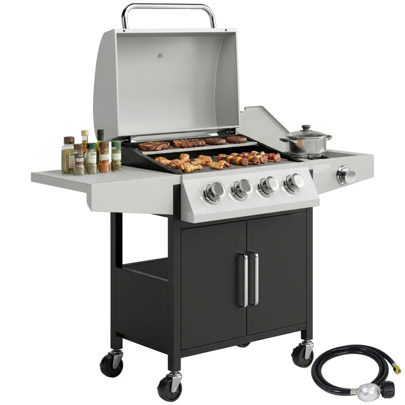 4+1 Burner Liquid Propane Gas Grill, Outdoor Portable BBQ Grill with Side Burner, Warming Rack, Side Shelf