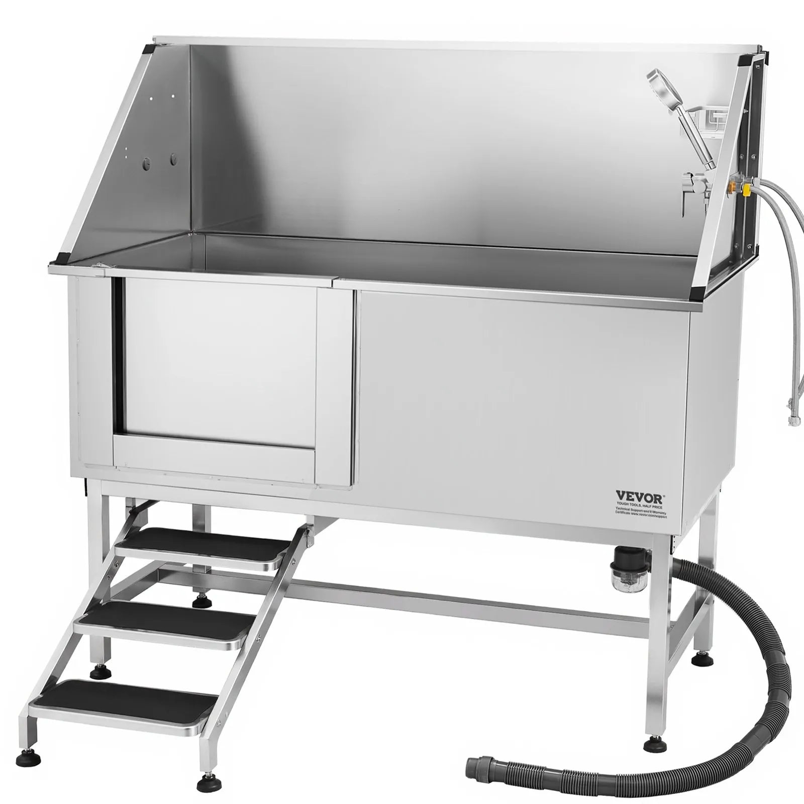 VEVOR 62 Inch Dog Grooming Bath Tub Stainless Steel w Stairs Water Filter Left