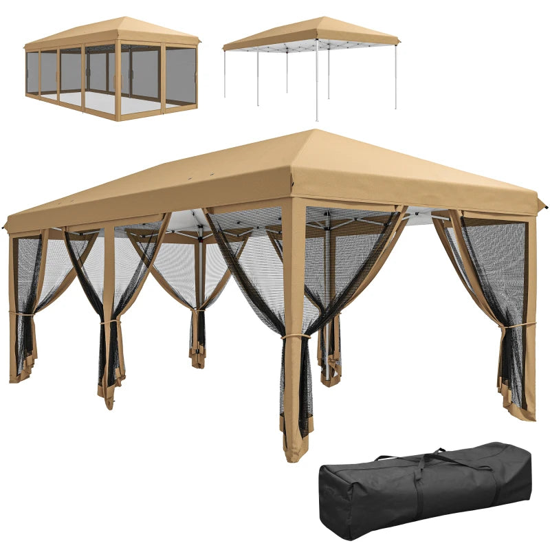 10' x 20' Pop Up Canopy Tent Gazebo with Removable Mesh Sidewall Netting, Carry Bag for Backyard Patio Outdoor, Beige